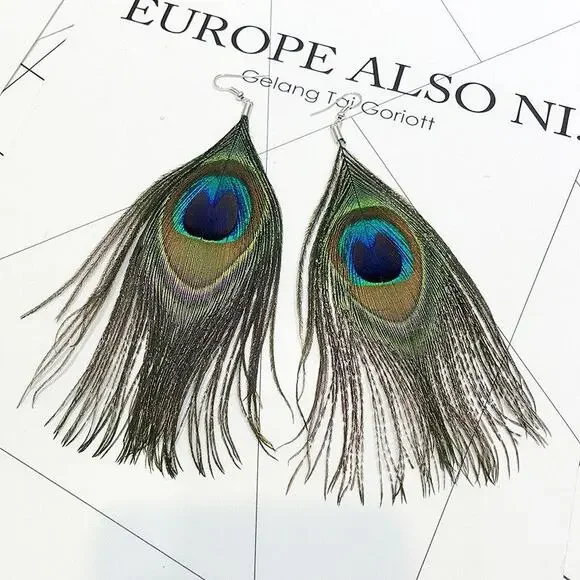 Whimsical Natural Delicate Boho Peacock Feather Dangle Drop Hook Earrings A0105 - Picture 12 of 12